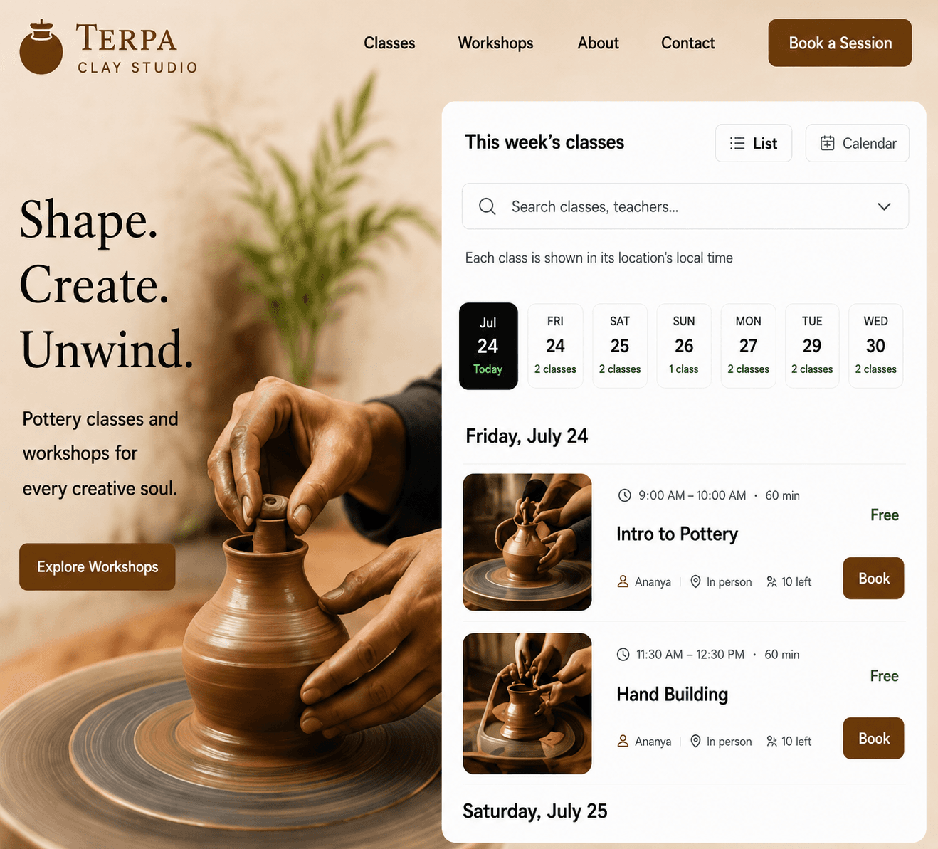 Terpa Clay Studio — a pottery website built with PranaRoot