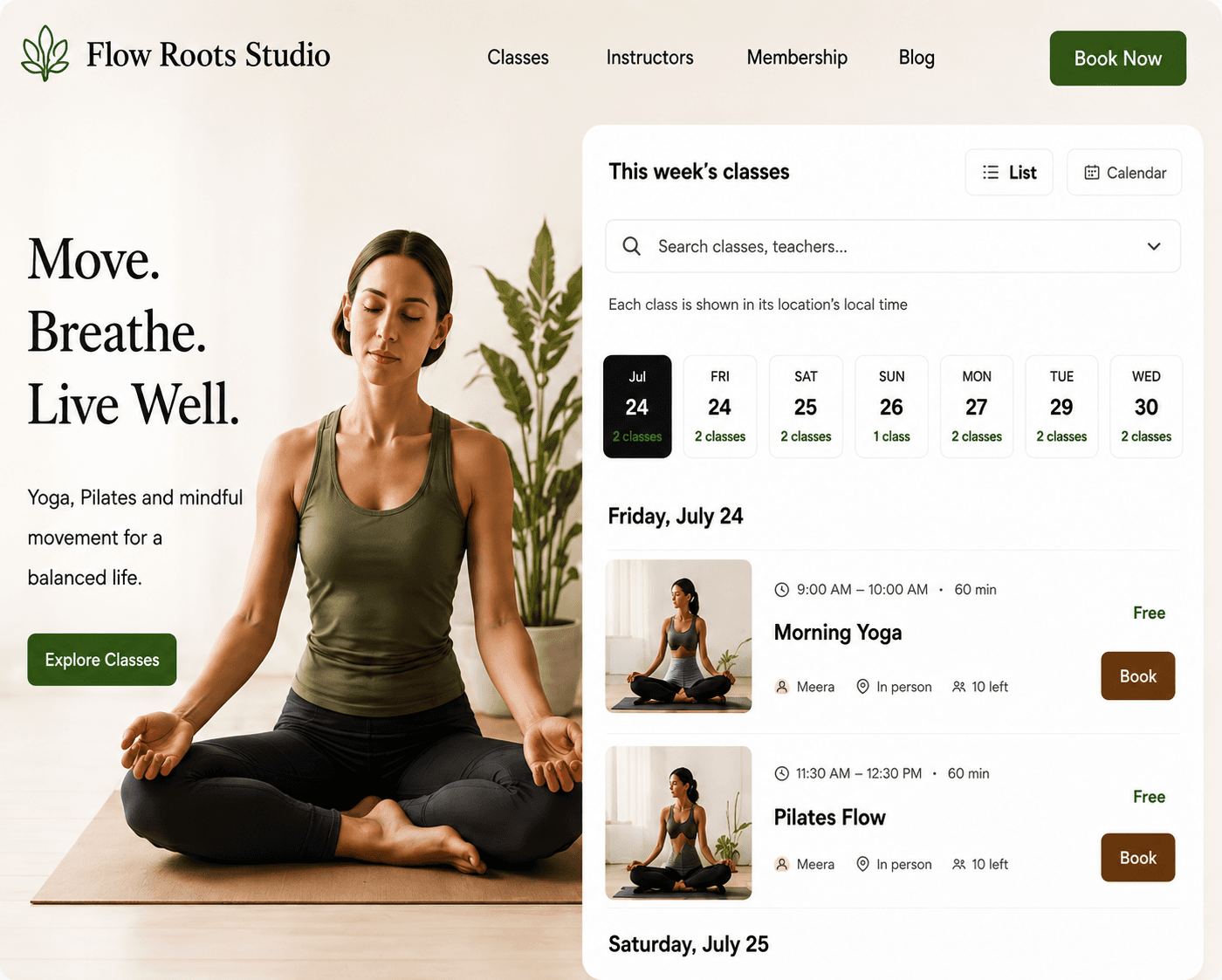 Flow Roots Studio — a yoga · pilates website built with PranaRoot