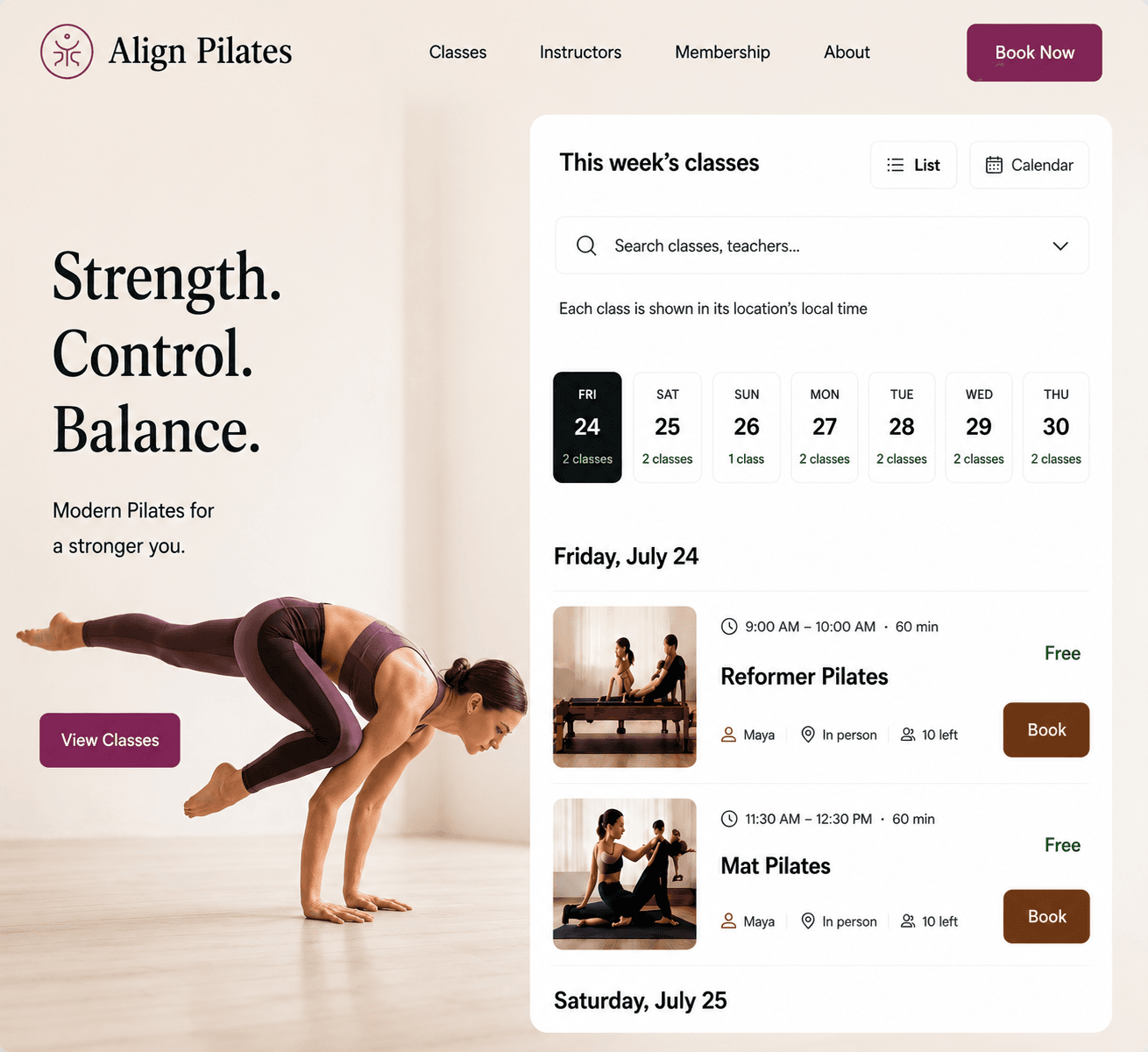 Align Pilates — a pilates website built with PranaRoot